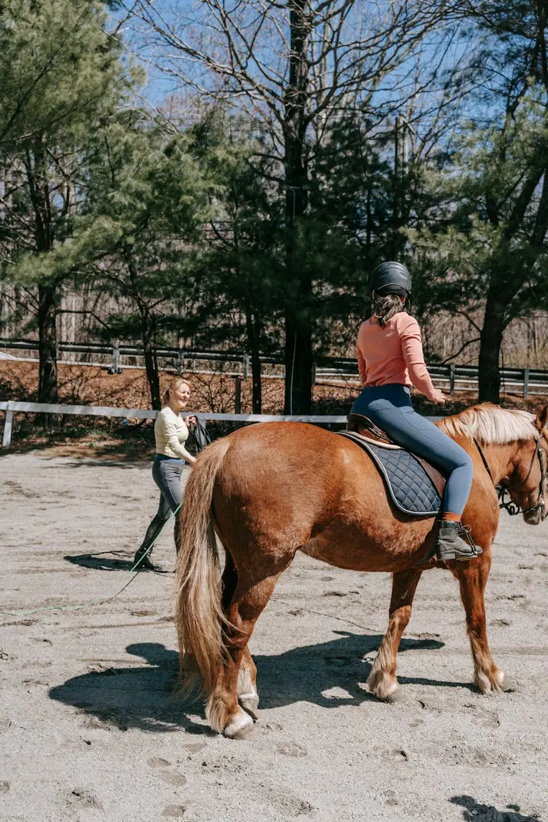 Cours d'équitation en plein air avec monitrice